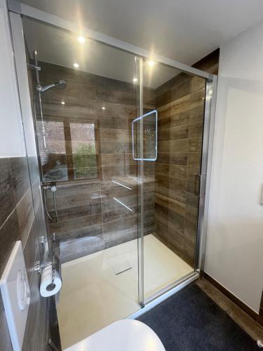 a shower with a glass door in a bathroom at Gîte des roses in Diebolsheim