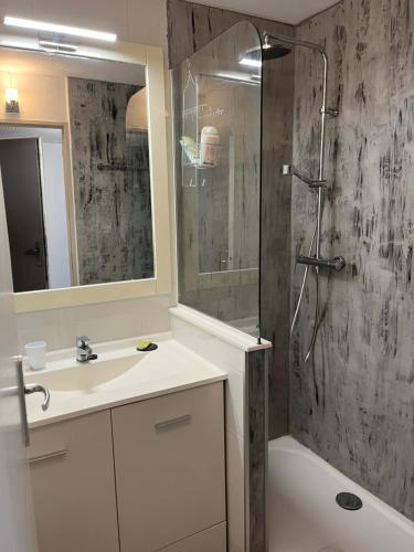 une salle de bain avec une douche, un lavabo et un miroir dans l'établissement Fantastic located studio, à Cannes