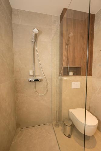 a bathroom with a toilet and a glass shower at ALIVE HOTEL in Oradea