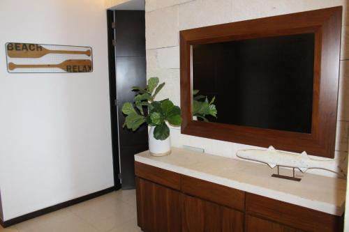 a bathroom with a tv and a sink with a plant at PENINSULA VALLARTA , Departamentos Piso 8 y 10 hacia el Mar in Puerto Vallarta