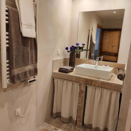 une salle de bain avec un lavabo et un miroir dans l'établissement Le mas d'Antonine, Marie-Louise, à Les Pilles