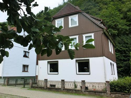 ein weißes Haus mit braunem Dach in der Unterkunft Spacious group house in the Harz region in Zorge