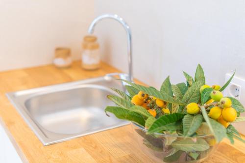 a plant in a vase on a counter next to a sink at Hugo 2 in Cala Ratjada
