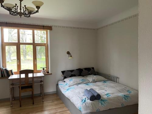 a bedroom with a bed and a desk and a window at Mazelejas muižiņa in Vircava