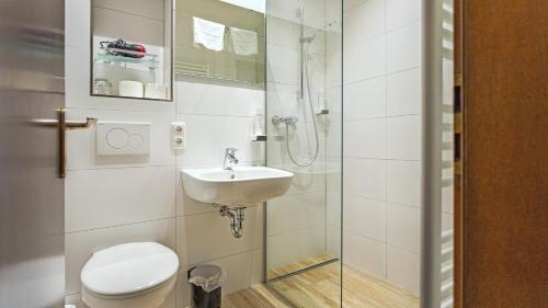 een badkamer met een toilet, een wastafel en een douche bij Hotel Casa Maria in Halblech