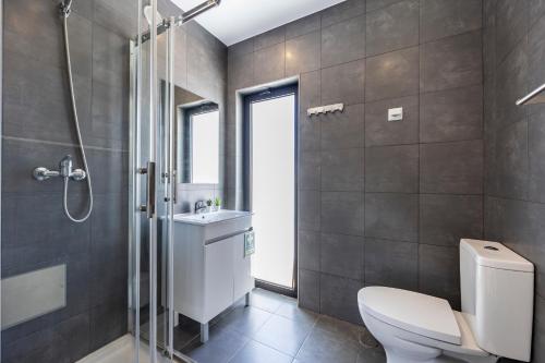 une salle de bain avec toilettes, lavabo et douche dans l'établissement Villa Back Loop, à Sagres