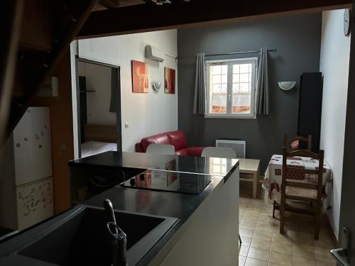 une cuisine avec un comptoir et un salon dans l'établissement Appartement en plein centre face à la mairie de Balaruc-les-Bains, à Balaruc-les-Bains
