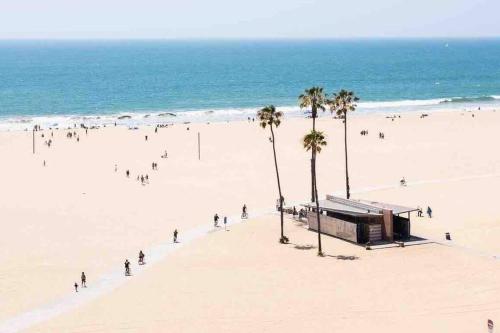 a group of people on a beach with palm trees at Fortuna-Seaside Retreat in Santa Monica, steps to the beach, free parking in Los Angeles