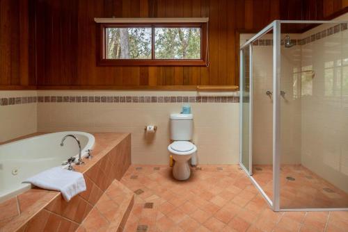 Mountain Home Leura - Perfect Weekend Escape في ليورا: حمام مع حوض استحمام ومرحاض ودش