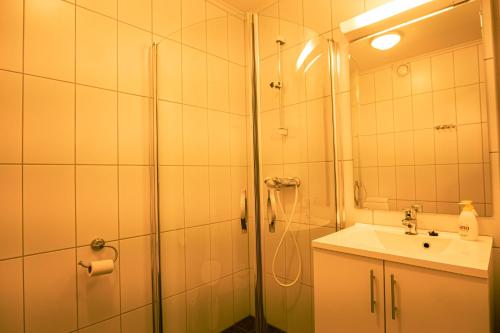 uma casa de banho com um chuveiro e um lavatório. em Fjellheim Kurs- og Misjonssenter em Tromsø