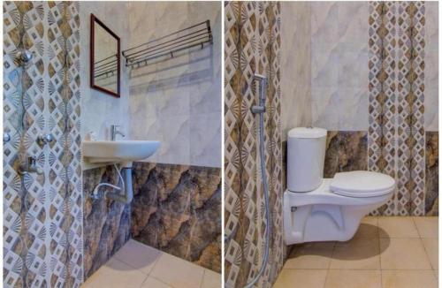 Auro Wellness Castle في بونديتْشيري: صورتين لحمام مع مرحاض ومغسلة