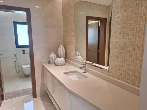La salle de bains est pourvue d'un lavabo, de toilettes et d'un miroir. dans l'établissement luxurious villa, à Al Budayyiâ€˜