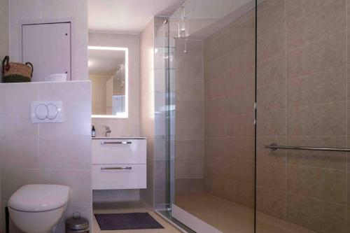 La salle de bains est pourvue d'une douche et de toilettes. dans l'établissement Ravissant 2 pièces lumineux et moderne, à Rueil-Malmaison