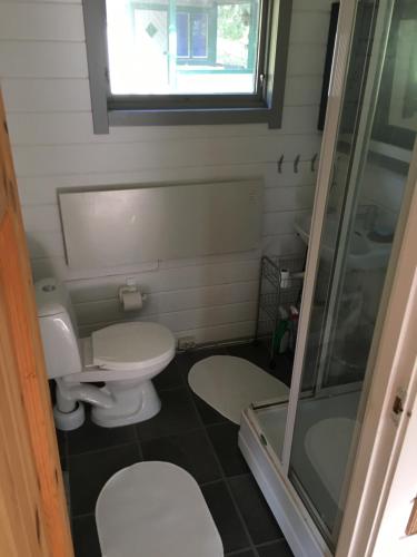 uma casa de banho com um WC e um chuveiro em Island Beach House em Värmdö