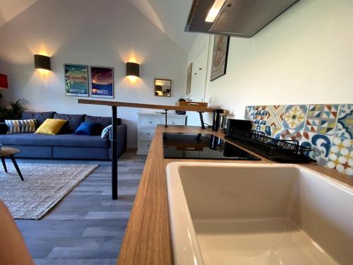 ein Wohnzimmer mit einer großen Badewanne in einer Küche in der Unterkunft Jolie maison pleine nature, 1-4 p, parking gratuit in La Chapelle-sur-Erdre