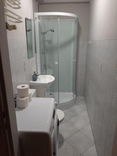 a bathroom with a shower and a toilet and a sink at Apartament Sopotkowo "WYJĄTKOWY" in Sopot