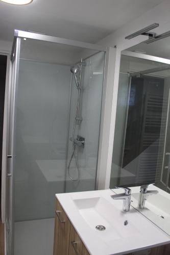 une salle de bain avec un lavabo, une douche et un miroir dans l'établissement Maison 2 chambres, de centre ville, avec cour exposition sud, à 300 m du port, à Saint-Vaast-la-Hougue