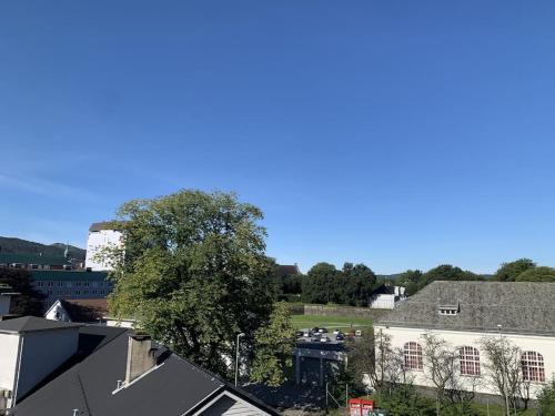 een uitzicht over de stad met een boom en gebouwen bij Apartment with Terrace & View in Bergen