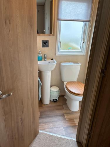 a bathroom with a toilet and a sink and a window at Woodpecker lodge, Camelot Holiday Park, CA6 5SZ in Carlisle