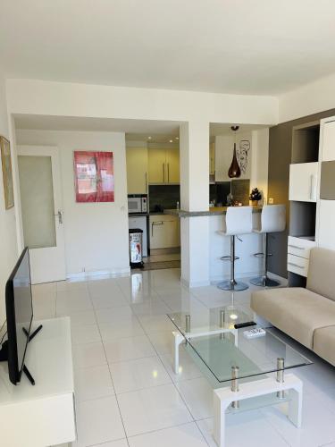 un salon avec un canapé et une table en verre dans l'établissement Studio proche centre FARN4, à Cannes