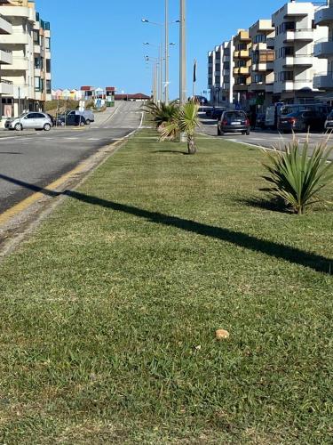 a shadow of a pole on the grass next to a street at Apartamento frente mar in Praia da Vieira