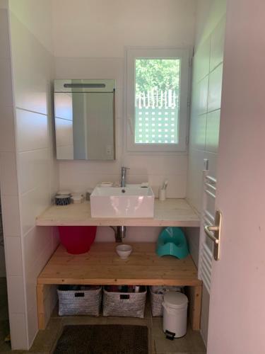 une salle de bain avec un lavabo et un miroir dans l'établissement La Maison de la Fontaine, à Cognocoli-Monticchi