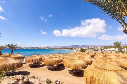 Un mucchio di ombrelli di paglia su una spiaggia di Swissôtel Sharm El Sheikh All Inclusive Collection a Sharm El Sheikh