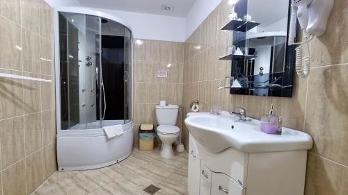 a bathroom with a sink and a shower and a toilet at Pensiunea Casa Pescarilor in Sulina