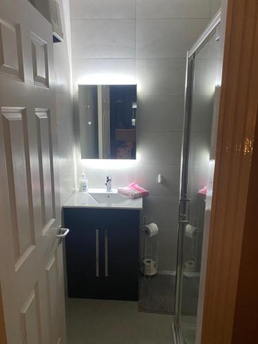 a bathroom with a sink and a shower with a mirror at The Anchorage in Westport