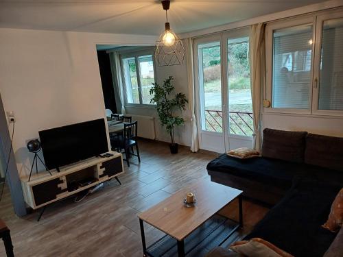 a living room with a couch and a flat screen tv at Le petit vosgien in Gérardmer