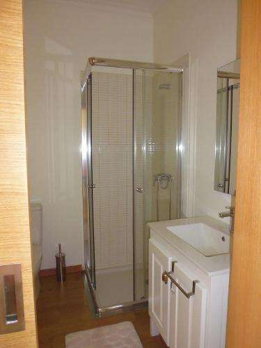 ein Bad mit einer Dusche und einem Waschbecken in der Unterkunft Quinta do Favacal - Agroturismo - Serra da Estrela in Casegas