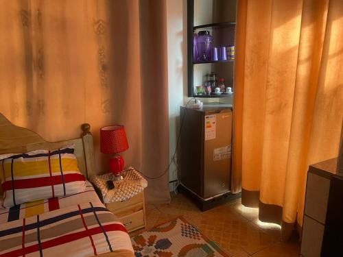 キガリにあるMBAYA'S Houseのベッドルーム(ベッド1台、小型冷蔵庫付)