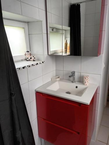 a bathroom with a red sink and a mirror at Hameau de loches in Neuvic