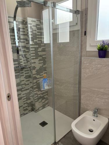 a bathroom with a shower and a sink at Un sogno sul lago Home Relax in Stresa