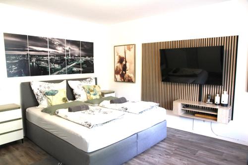 een slaapkamer met een bed en een grote televisie aan de muur bij Ferienwohnungen A&S im Mittelrheintal in Remagen