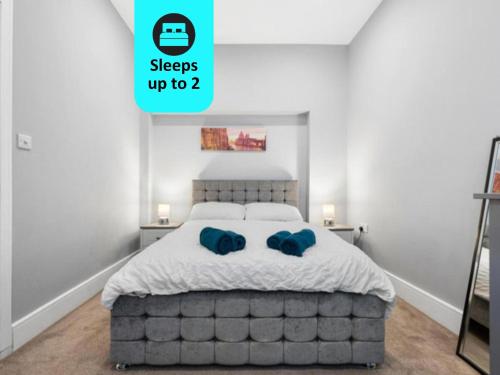 a bedroom with a large bed with two blue pillows at Modern Cozy 1 Bedroom Flat in Prime Location in Moseley in Birmingham