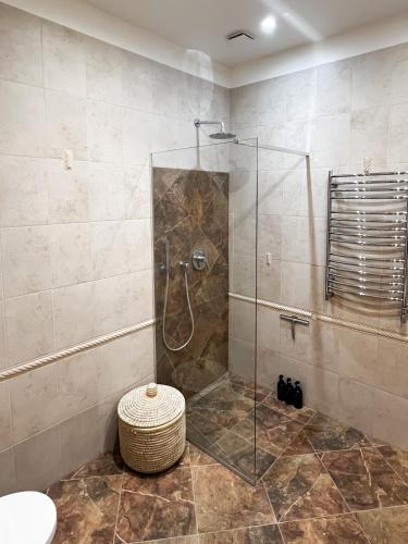 a bathroom with a shower with a glass door at Luxury old town apartment in Vilnius