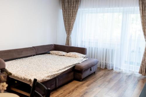 a brown couch in a room with a window at Lady-s in Cluj-Napoca
