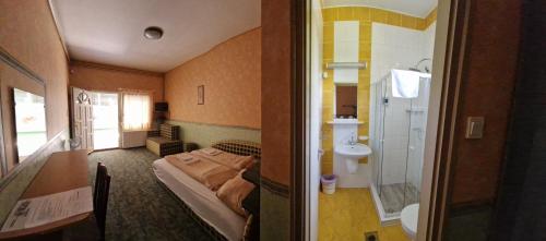 a hotel room with a bed and a bathroom at Piknik Wellness Hotel in Siófok