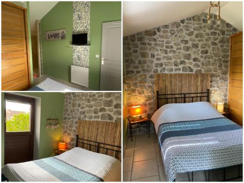 - trois photos d'une chambre avec deux lits et d'une salle de bains dans l'établissement Gîte chez Maddy, à Chilhac