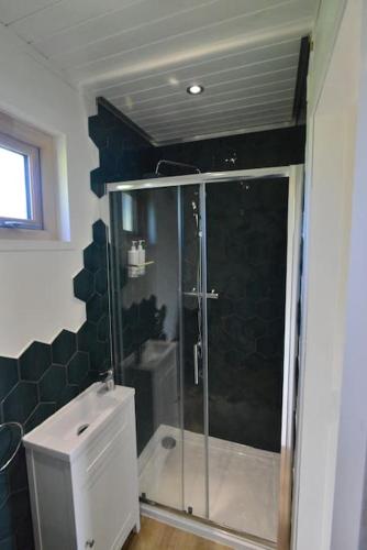 a bathroom with a shower with a glass shower stall at Anniston Mill Cabin 1 in Arbroath