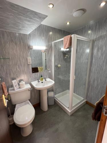 a bathroom with a toilet and a shower and a sink at Stronchreggan View Guest House in Fort William