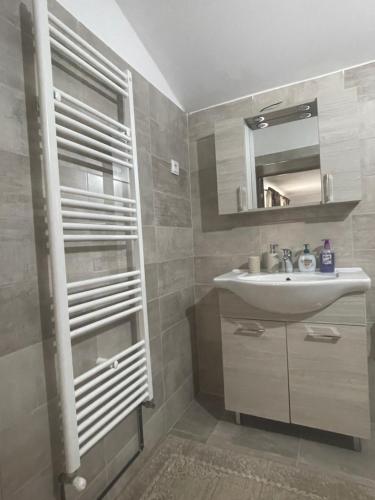 a bathroom with a sink and a mirror at Casa Roșca in Tomşani