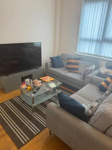 a living room with two couches and a flat screen tv at Cute and cosy in Liverpool