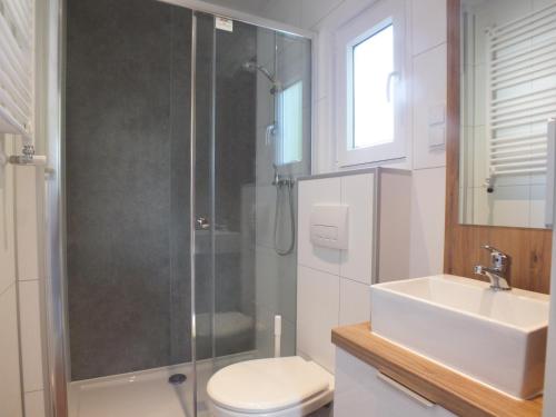 a bathroom with a shower and a toilet and a sink at Camping de Vogel in Hengstdijk
