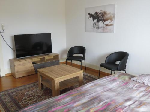 a bedroom with a bed and a television and two chairs at Chez Carole (4 pièces) in Neuchâtel