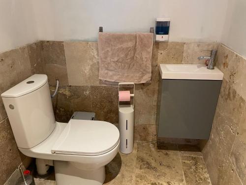 une salle de bain avec toilettes et lavabo dans l'établissement Villa à Montmirat, à Montmirat