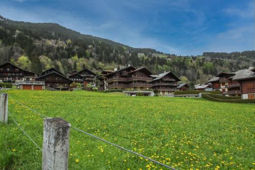 a fence in a field of grass with houses at Mossettes 5, Penthouse Sunny Terrasse And Sauna in Champéry