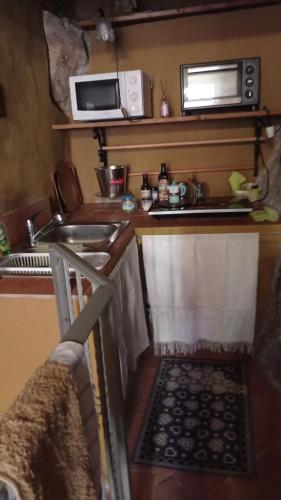 una pequeña cocina con fregadero y microondas en VIA VARESE 4 en Castagneto Carducci