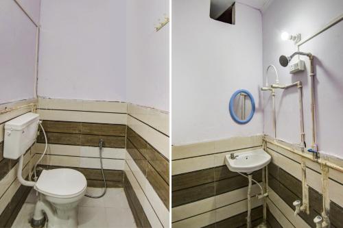 two pictures of a bathroom with a toilet and a sink at OYO Flagship Hotel Golden Inn in Bhiwadi